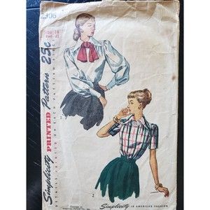 Vintage Simplicity Pattern 2306 Back Button Blouse Wide Sleeves Pointed Cuff 14